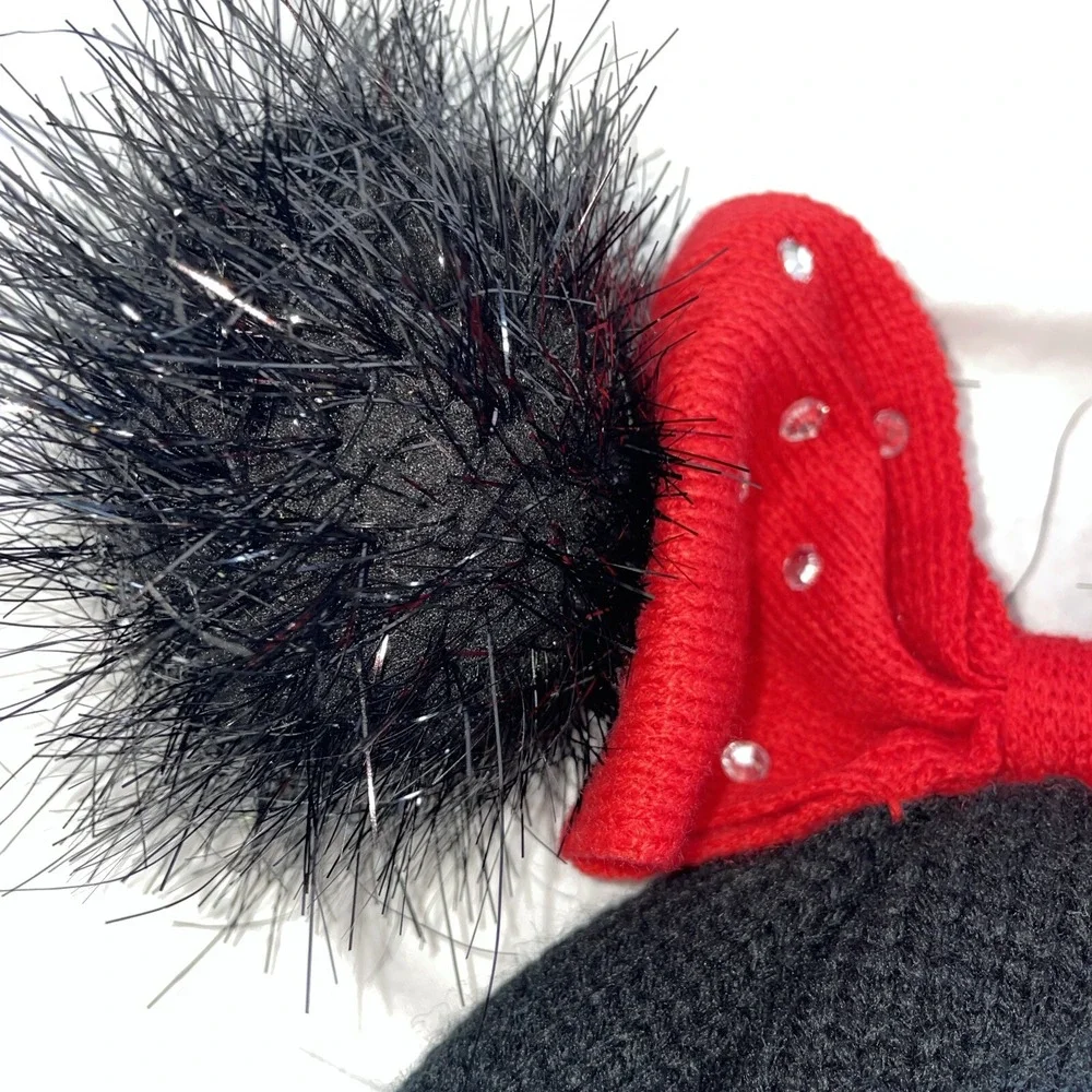Disney Minnie Mouse Beanie Black Sparkling Fuzzy‎ Ears Red Bow With  Rhinestones